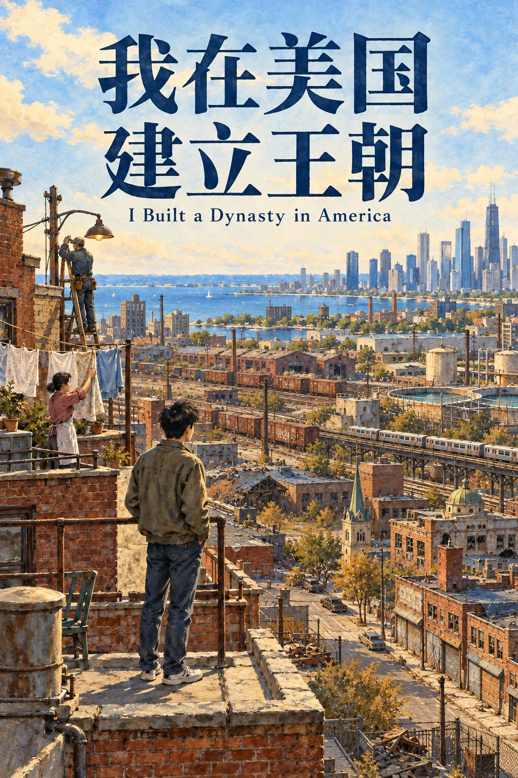 《我在美国建立王朝》手绘总封：旧城屋顶上的少年远望湖岸高楼